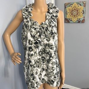 New York & Company Black & White Poppy Print Oversized Ruffle Collar Blouse